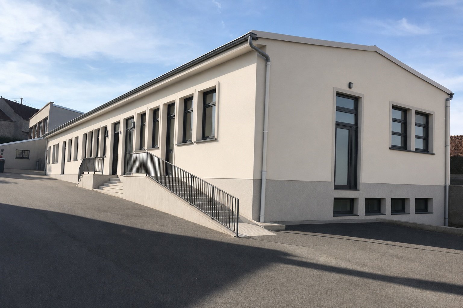 Façade rénovée de la cantine de Montmirail